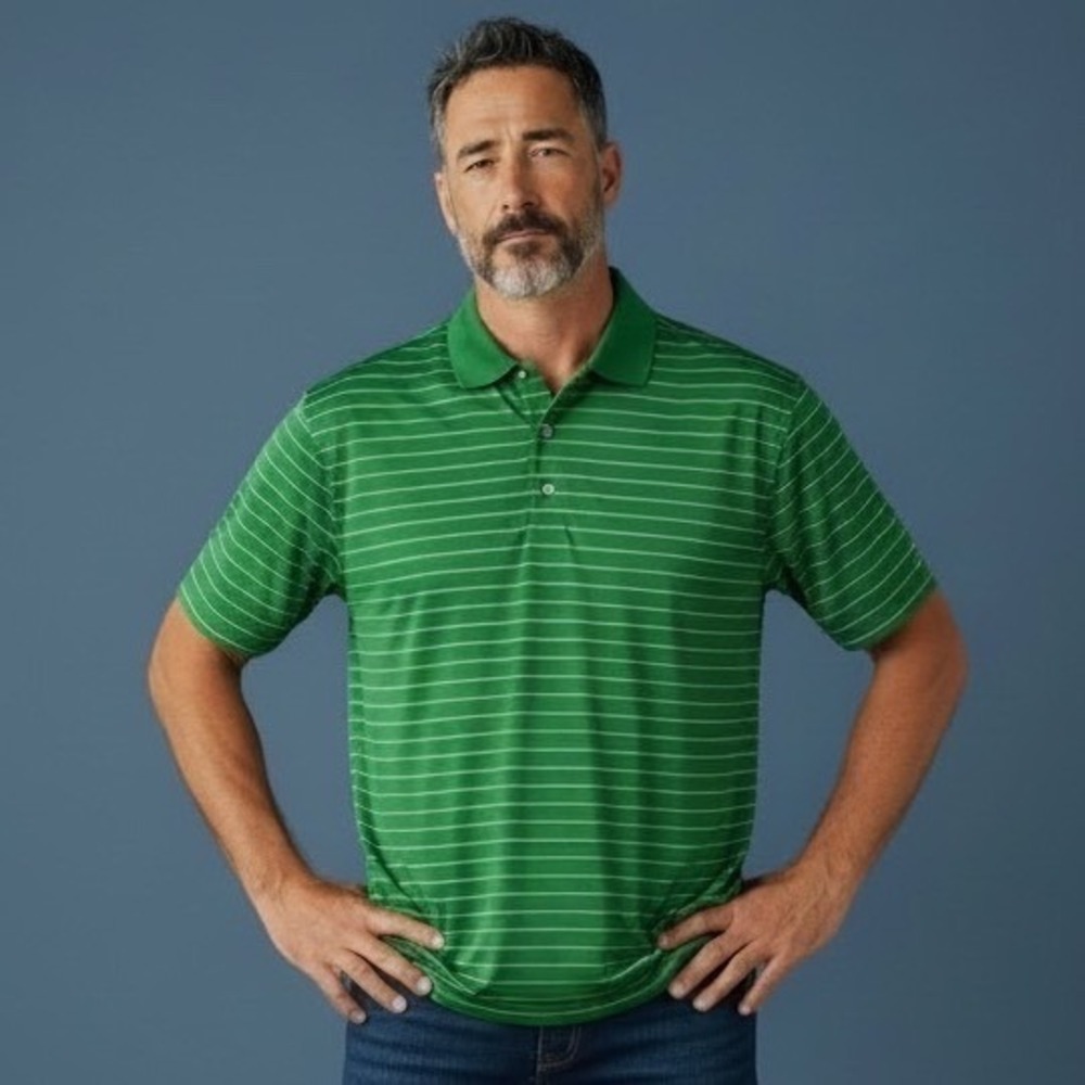 FJ Men's Striped Activewear Short Sleeve Golf Polo Shirt Green White Size XL